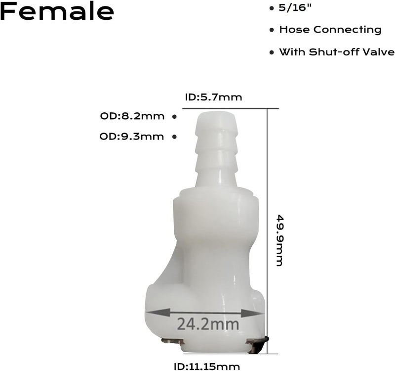 BBTUS 1/4" 3/8" 5/16" Plastic Hose Barb In-Line Quick Connector, Quick Release Vacuum Disconnect Coupling, Shut-Off Valved Insert Tube Quick Connect Fittings (1 Male+ 1 Female) (5/16") - Image 2